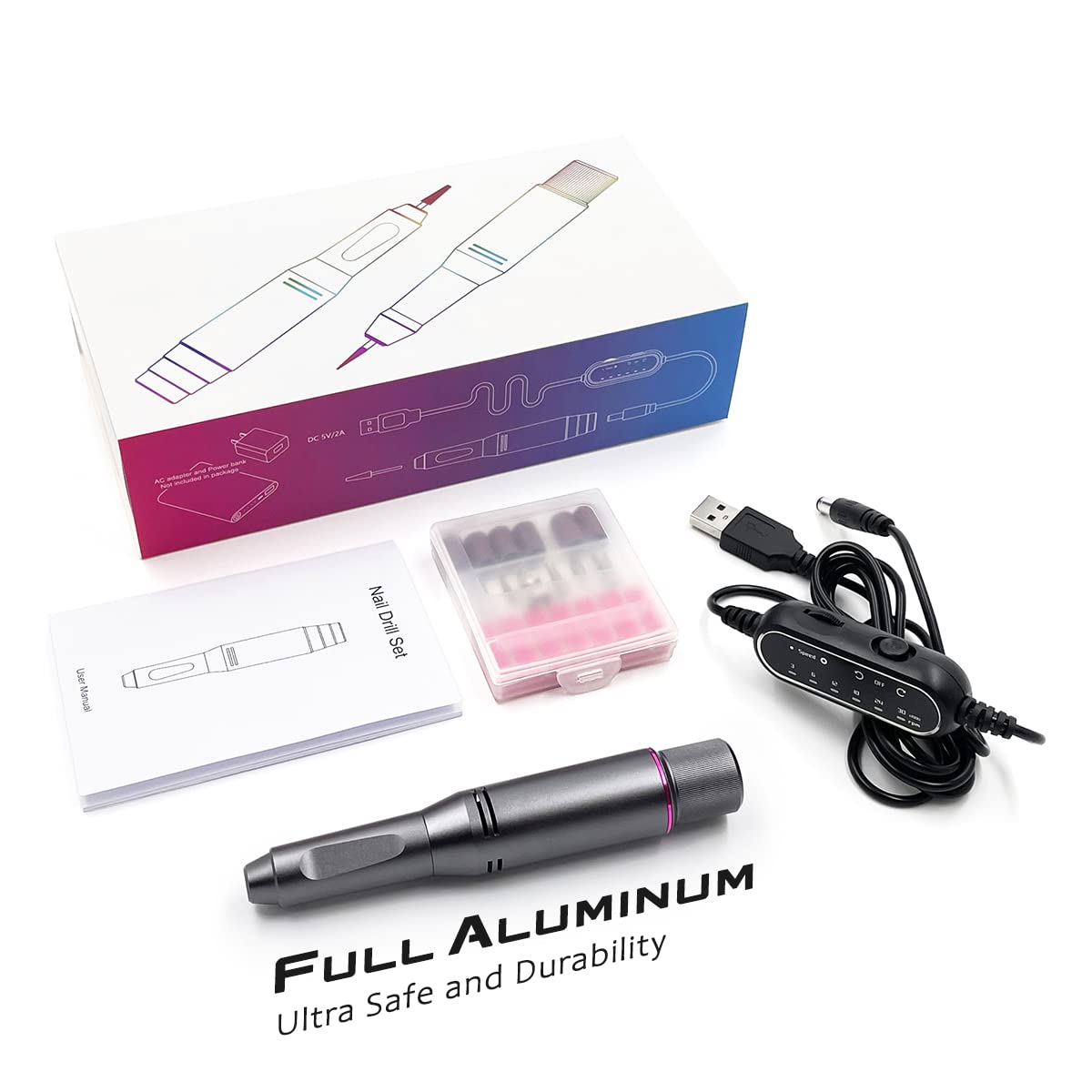 Fuegobird Electric Nail Drill Kit, Portable USB Nail File Tool for Acrylic Gel Nails, Professional Manicure Pedicure Efile Machine for Home and Salon, 30000 RPM with LCD Display Control - Image 7